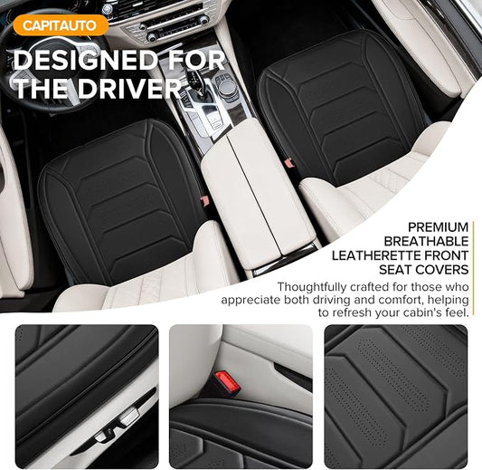CAPITAUTO 2 Pack Bottom Car Seat Cover, Dual Storage Pockets Luxury Faux Leather Front Seat Covers for Cars, Super Breathable, Anti-Slip, Full Wrapping Edge - Fit for Most Sedans SUV Trucks (Black)