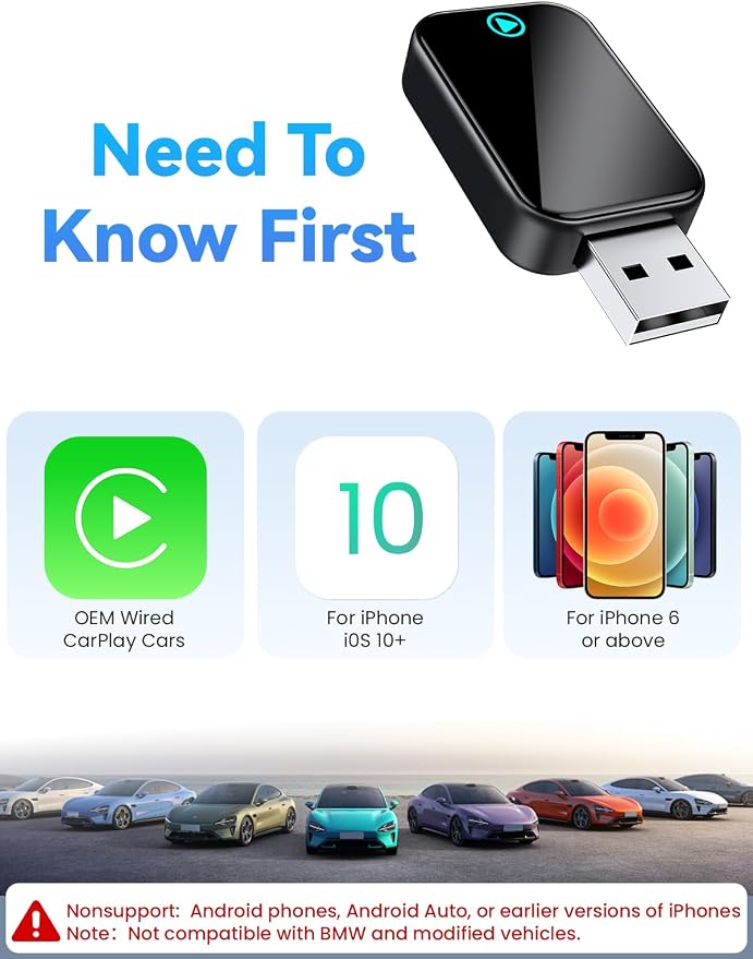GATGOODS S2 Wireless CarPlay Adapter for iPhone, Convert Wired to Wireless, Mini USB/Type-C Design for Cars with Built-in Wired CarPlay, Plug and Play, Stable Connection, No Latency for iOS 10+