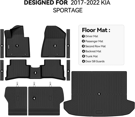 Floor Mats for 2017-2022 Kia Sportage, Trunk Mat and Backrest Mat & Door Sill Guard All Weather TPE Protector for Kia Sportage Accessories