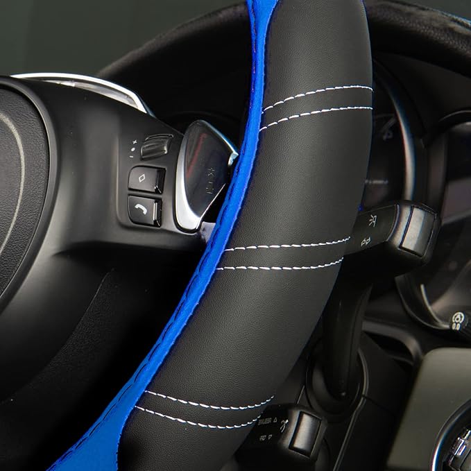 CAR PASS Line Rider Microfiber 14 Inch Leather Sporty Steering Wheel Cover Universal Fits for Truck,SUV,Cars, Anti-Slip Safety Comfortable Desgin (Black-Blue)