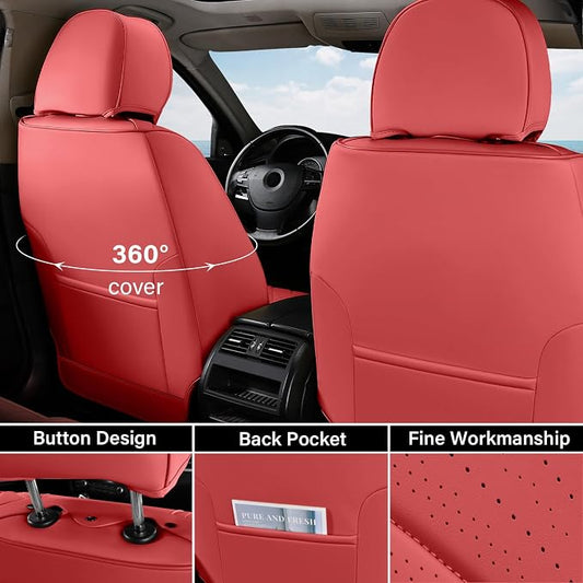 Coverado Car Seat Covers Front, Nappa Leather Seat Covers for Cars, Waterproof Seat Covers with Lumbar Support Universal Fit for Most Cars SUV Trucks, Automotive Seat Covers (Front, Red-Blackline)