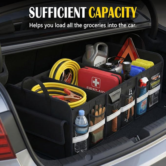 Trunk Organizer for SUV, Large trunk organizer for car, Collapsible Multi-Compartment Car Trunk Organizer, Sturdy Cargo Trunk Storage Organizer, Non Slip Bottom