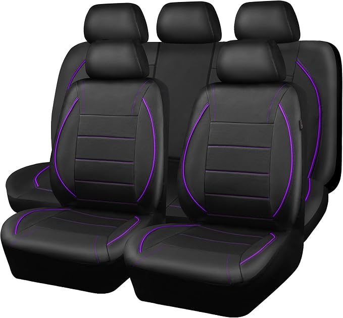 CAR PASS Piping PU Leather Car Seat Cover,Inside Zipper Design and Reserved Opening Holes Airbag Compatible,Universal FIT for Car, SUVs,Van,Trucks,Full Set, Black & Purple