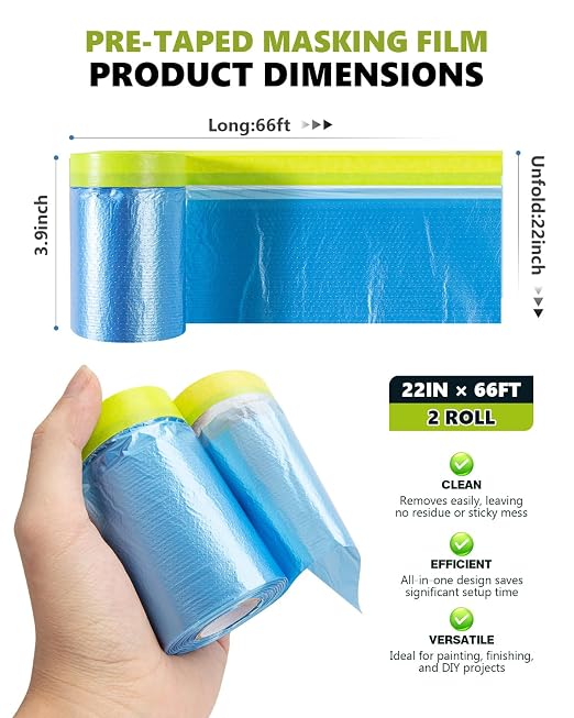 Pre-Taped Masking Film for Painting(2 Rolls) - 22" x 66'Painters Plastic Sheeting with Tape and Drape, Painters Drop Cloth for Automotive & Home, Cover for Walls/Floors/Windows/Cars Protection
