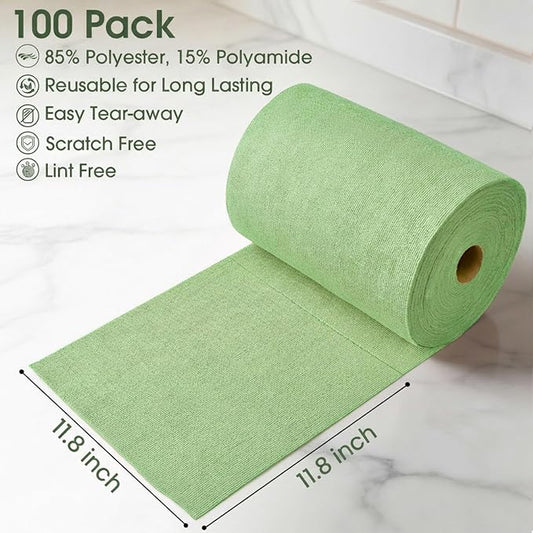 Microfiber Cleaning Cloth Roll - 100 Pack Tear Away Microfiber Paper Towels, Reusable, Washable, Scratch-Free, Kitchen Towels for Car, Home, Kitchen, Glass, Dishes(Bean Green)