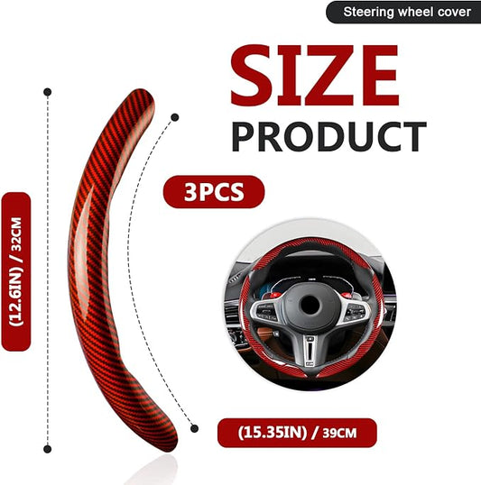 3pcs Universal Carbon Fiber Steering Wheel Cover - Anti-Slip & Segmented Design, Universal 99% Durable Steering Wheel Protector for Men and Women, Car Interior Accessory (Red)