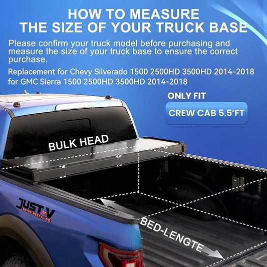 Just-V Hard Tri-Fold Truck Bed Tonneau Cover for Chevy Silverado 1500 2500HD 3500HD, for GMC Sierra 2014-2018 Only Fit Crew Cab 5.8 FT Bed, Upgrade Solid FRP Textured Black