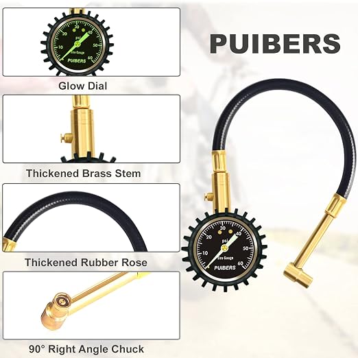 Motorcycle Tire Pressure Gauge 60 PSI, PUIBERS 2’’ dial Mechanical Tire Gauges with 90 Degree Right Angle Chuck Flexible Hose, Tires Guages for Pressure Glow in The Dark for Cars, Motos, Bicycles
