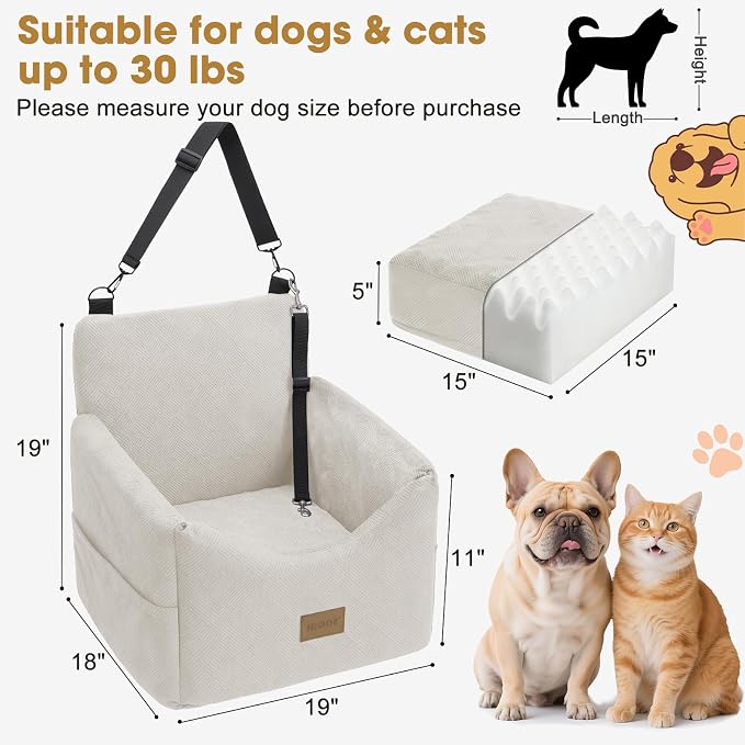 JOEJOY Dog Car Seats for Small Medium Dogs Under 35lbs, Dog Booster Seat with Detachable Washable Cover and Cushion, Memory Foam Pet Car Seat with Safety Belt and Storage Pockets (BGE)