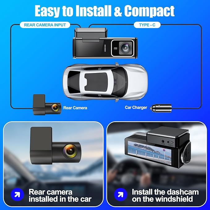 4K Dash Cam Front and Rear,Dual Dash Camera for Cars with 5.8GHz WiFi GPS,Night Vision,Mini Dash Cam with 3.59" IPS Screen,24H Parking Mode,G-Sensor,Loop Recording,64GB SD Card Included