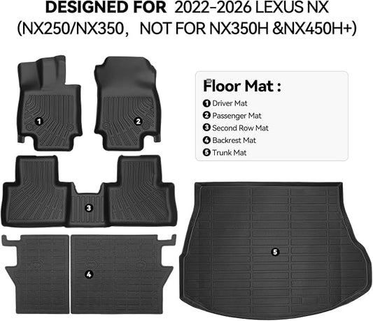 Floor Mats for 2022-2026 Lexus NX (NX250/NX350, Not for NX350h &NX450h+), Trunk Mat and Backrest Mat All Weather TPE Protector for Lexus NX Accessories