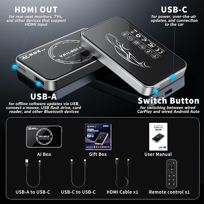 VNILRGLE 4-in-1 Wireless CarPlay Adapter & Android Car Wireless Adapter, Compatible with Streaming Services Like Netflix and YouTube, Split-Screen and Mirroring Functions(Silver)