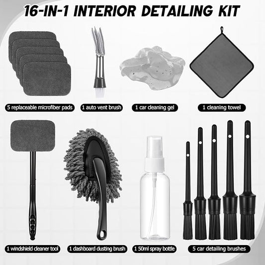 16 Pcs Windshield Cleaner Tool, Car Cleaning Kit with Various Detailing Brushes Set Spray Bottle Cleaner Towel Cleaning Gel Accessories Car Interior Detailing Kit for Windows Vents(Gray)
