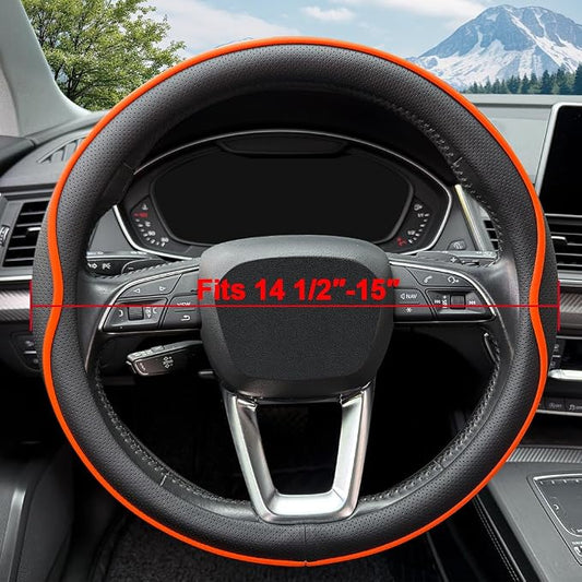 HAOTULE Leather Steering Wheel Cover, with Anti-Slip Stripe Design - Enhanced Grip, Fashion Style, Safe, Non-Slip, Breathable. Upgrade car Interior,Orange