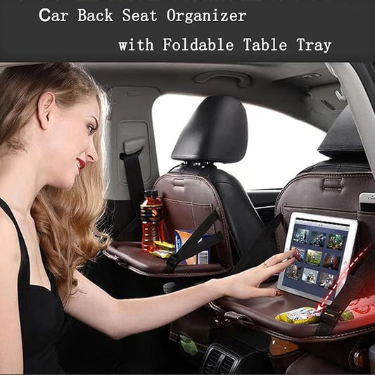 Premium PU Leather Backseat Seat Organizer with Foldable Table, Multi-Storage Pockets and Adjustable Buckle Strap for Automobiles