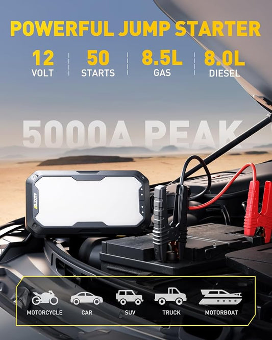 AUXITO Jump Starter, 5000A Car Battery Jump Starter, Up to 8.5L Gas and 8.0L Diesel Engines with 2000LM LED Work Panel Light, 12V Safe Jump Box with Camping Light, Power Bank and Jumper Cable