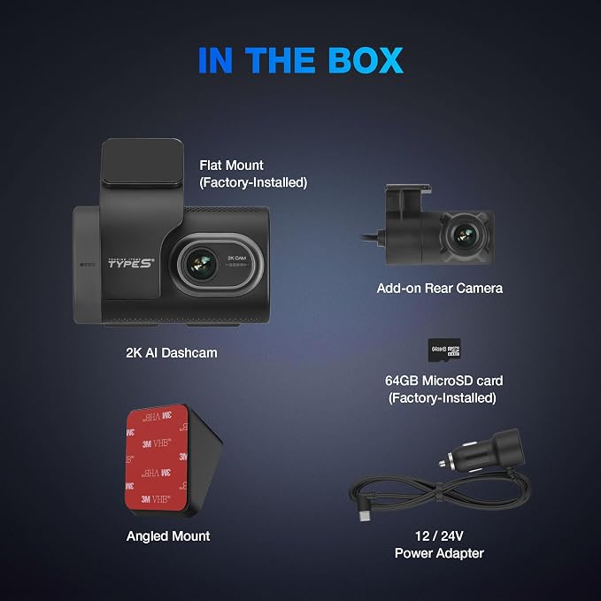 Type S T200 AI Driver Assistance Dash Cam Powered by ADAS, 1440p, Collision Alerts, Lane and Pedestrian Detection, Vehicle Departure Reminders, Front Rear 2 Channel Smart 24/7 Video Surveillance