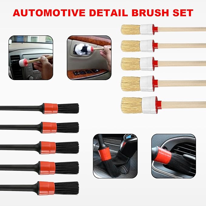 10PCS Car Detailing Brush Set, Auto Detail Dust Brushes with Premium Boar Hair & PP Bristles, Interior Exterior Cleaning Tool Mixed Hair Brush Kit for Air Vents, Seats, Wheels