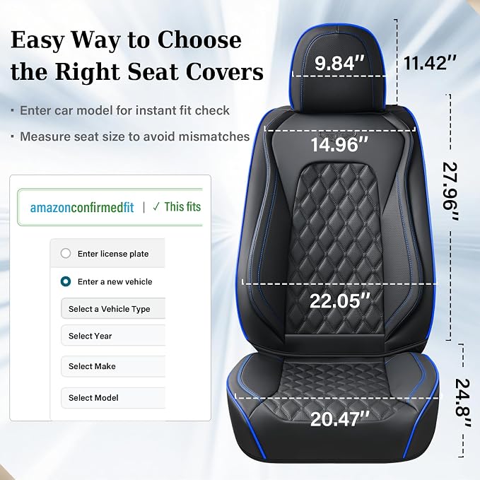 Coverado Full Set Car Seat Covers, Front & Back Luxury Faux Leather Waterproof Seat Covers,Car Seat Protectors, Universal Fit for Most Vehicles-Black & Blue