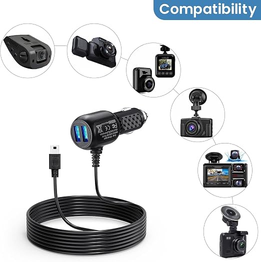 Dash Cam Power Cord Mini USB for Rove R2-4K, 11.5 ft Cable for Rexing V1 Camera, with USB C Adapter