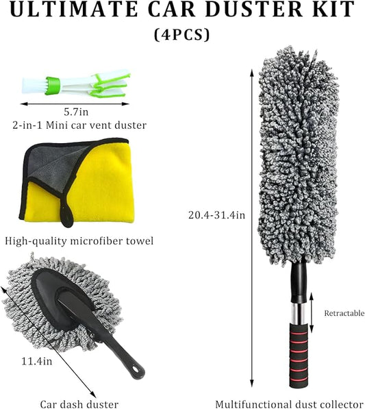 4 PCS Car Duster Kit, Microfiber Scratch Free Multipurpose Cleaning Duster with Extendable Handle, Washable Interior & Exterior Auto Dusting Tools for Cars Trucks SUVs RVs