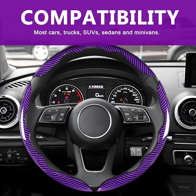 3pcs Universal Carbon Fiber Steering Wheel Cover - Anti-Slip & Segmented Design, Universal 99% Durable Steering Wheel Protector for Men and Women, Car Interior Accessory (Purple)
