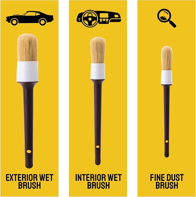 Car Detailing Brush Set 3-Pack - Soft Boar Hair Interior & Exterior Detailing Kit - Car Interior Cleaning Brushes for Leather, Piano Black Trim, Dashboards, Wheels and Engine Bay - Detail Dudes