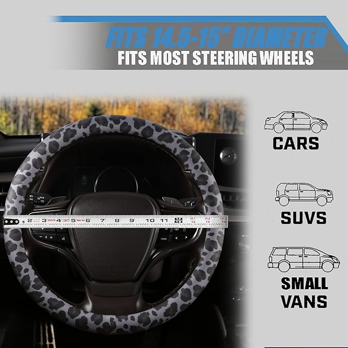 Black Leopard Print Steering Wheel Cover with Silicone Inner Ring, Non-Toxic, Odorless Silicone Leather with Non-Fading Pattern for Men Women, Universal 14.5 to 15 Inch (Black Leopard Print)