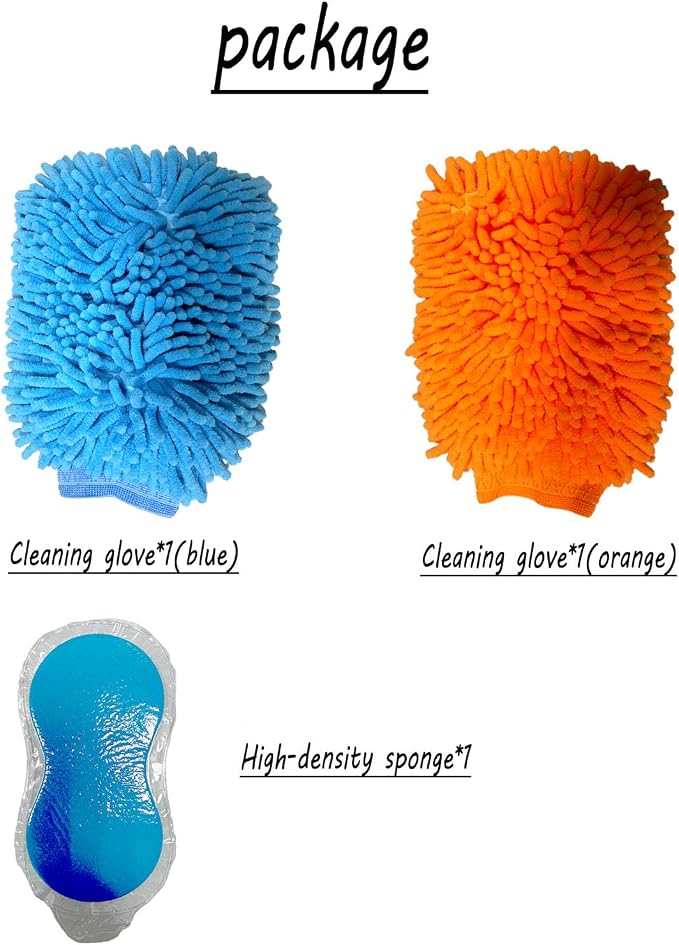3PCS Car Wash Kit with 2 Premium Soft Microfiber Chenille & Plush Wash Mitts + High-Density Sponge, Scratch-Free Cleaning for Cars/Home/window/mirror/bathroom – Durable&Absorbent& Multi-Purpose (3)
