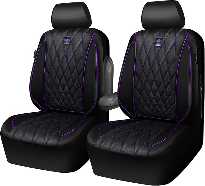 CAR PASS Piping Luxury Faux Leather Two Front Car Seat Covers, Waterproof Anti Slip Premium Automotive Seat Covers,Universal Fit for Suvs,Vans,Trucks, Armrest Airbag Compatible (Black and Purple)