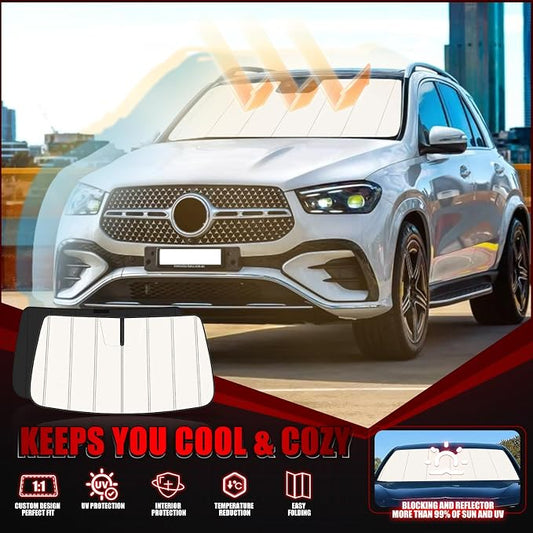 Windshield Sun Shade for Benz GLE 2020-2025 2026, Front Window Visor Accessories, Folding Design Blocks Heat & UV Rays Maintain Cool Interior and Save Space