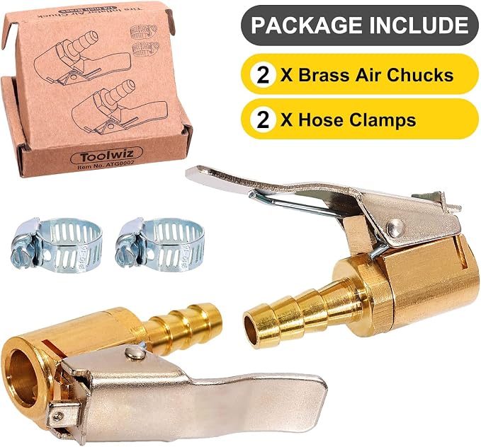 Toolwiz Lock on Air Chuck Inflate Locking with Clip, 1/4 Inch Brass Portable Tire Inflator Nozzle Presta Valve Adapter Tire Chucks Air Compressor Attatchments Hose End with Barb Connector,2pcs