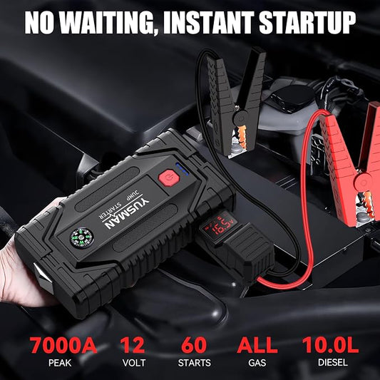 Jump Starter, 7000A Car Jump Starter, 12V Battery Jump Starter Pack, Portable Charger and Jumper Cables for All Gasoline and 10L Diesel Engines, Dual USB Quick Charge 3.0 and LED Bright Light