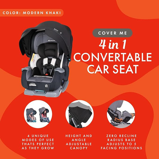 Baby Trend Cover Me 4-in-1 Infant Toddler Convertible Car Seat with Adjustable/Removable Canopy for Sun Protection & 2 Cup Holders, Black