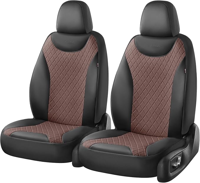 Coverado Front Car Seat Covers, Leather Seat Covers for Cars, Automotive Seat Protectors with Splicing Design,Waterproof Auto Seat Cushions Driver Seat Covers Universal for Most Cars, Black & Coffee
