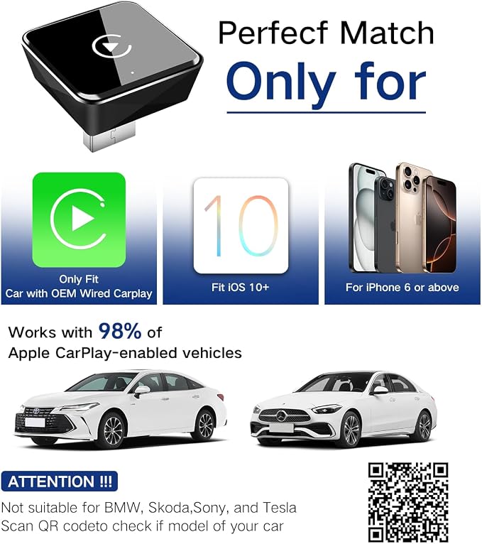 Wireless CarPlay Adapter for iPhone(2025 Upgraded) – Convert Factory Wired to Wireless, Dual-Band 5.8GHz/2.4GHz Wi-Fi, Plug & Play for iOS 10+, No Delay, Auto-Reconnect