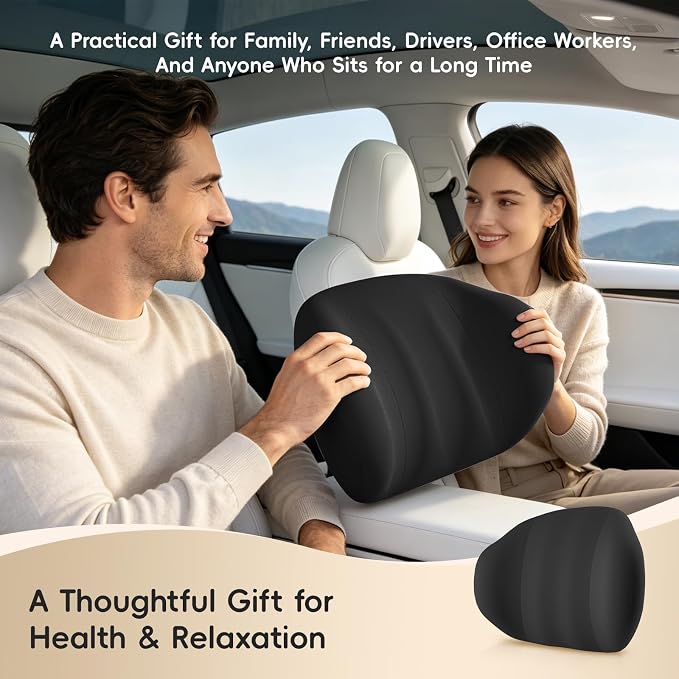 BEBAS Lumbar Support Pillow for Car & Office Chair - Ergonomic Memory Foam Back Cushion for Lower Back Pain Relief, Back Support, Removable Washable Cover, Ideal for Driving, Work, Travel - Black