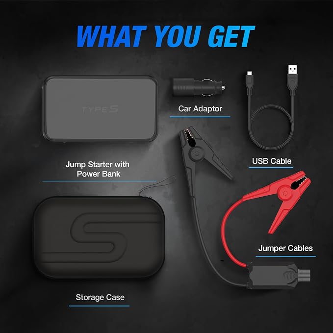 Type S Dynamic Light DL20 1000A Car Battery Jump Starter 12V 6L Gas 3L Diesel LCD Display, Car Jumper Starter Portable Charger, Jump Box, Power Bank, Emergency Hazard Lights, UL Listed - Gray