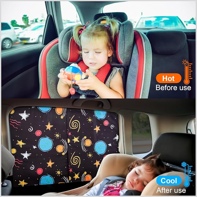 Car Window Shades, 2 Packs Magnetic Car Sun Shades for Baby, 2 Layers for Blackout/See Through Options Colorful Starry Pattern Side Window Curtain for Kids Heat/UV Blocker