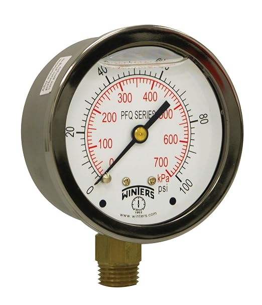 Winters 2-1/2" Dial Size, Liquid Filled Industrial Pressure Gauge, Brass Internals, 304 Stainless Steel Case, Dual Scale 0-100 psi/kPa, 1.5% Acc, 1/4" NPT Bottom Mount, Glycerin Filled Pressure Gauge