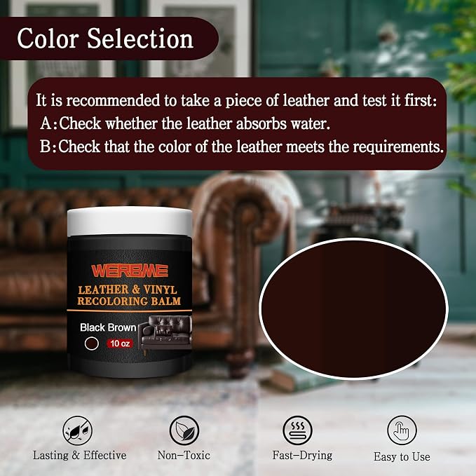 Leather Recoloring Balm & Color Restorer - 10 OZ Multipurpose Dye & Paint for Faded Leather Couches, Car Seats, Shoes | Fix Scratches on Clothing, Furniture & Accessories(Black Brown)