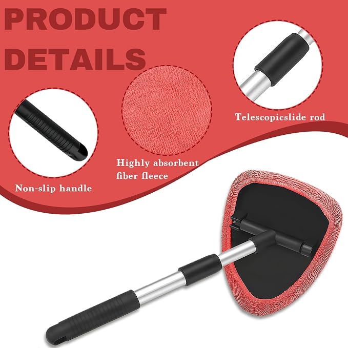 Car Window Cleaner, Car Cleanser Brush, Car Accessories Car Cleaning Supplies Tools, Car Cleaning Kit with Extendable Handle, Microfiber Cloth, Spray Bottle, Fits All Cars (Red)