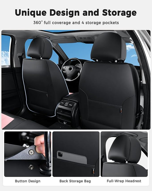 Huidasource Seat Covers Full Set, Universal Fit for Most Cars SUV Trucks, Full Coverage Leather Seat Cover, Airbag, Cupholder Compatible, Seat Function Retain, Easy Install with Velcro, Black & Pink