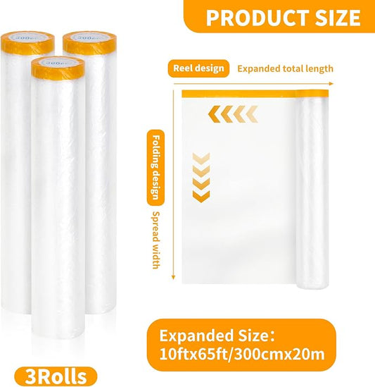 Pre-Taped Masking Film 3 Pack Each 118in x 65 feet Rolls, Tape and Drape, Painters Plastic Sheeting Drop Cloth for Automotive Painting Covering, House Decoration Furniture Floor Dustproof Cover