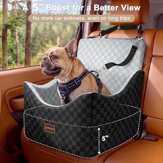 JOEJOY Elevated Dog Car Seat for Small/Medium Dogs up to 35 lbs, Memory Foam Booster Seat with Detachable Washable Cover, Travel-Safe Car Bed with Safety Belts & Storage Pockets, Grey