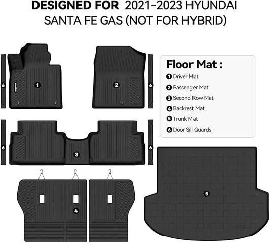 Floor Mats for 2021 2022 2023 Hyundai Santa Fe Gas, Trunk Mat and Backrest Mats & Door Sill Guard All Weather TPE Protector for Hyundai Santa Fe Accessories