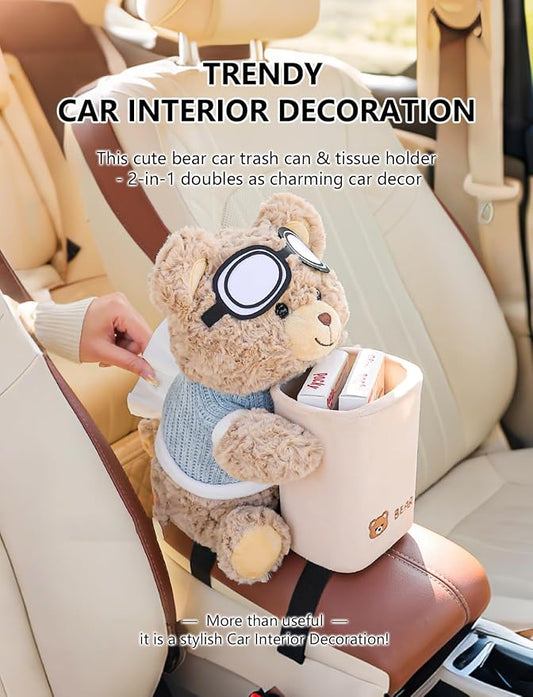 2 in 1 Cute Bear Car Tissue Box and Trash Can, Stylish & Creative Car Armrest Box Tissue Holder, Premium Aesthetic Decor, Ideal Interior Use (Bear)