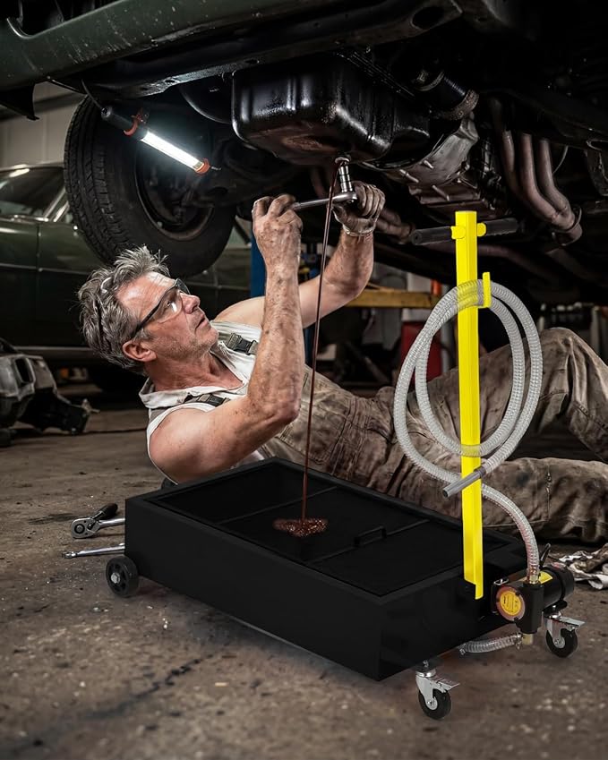 Garvee 20 Gallon Oil Drain Pan, 110V Waste Oil Drain Pan for Oil Change, Steel, 8-8.2 ft Hose& Folding Handle&Rolling Cart, Heavy Duty for Trucks,Black