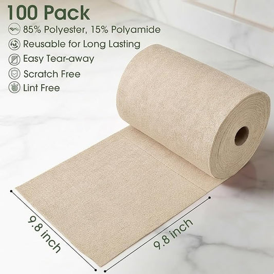 Microfiber Cleaning Cloth Roll - 100 Pack Tear Away Microfiber Paper Towels, Reusable, Washable, Scratch-Free, Kitchen Towels for Car, Home, Kitchen, Glass, Dishes(Desert Gold)