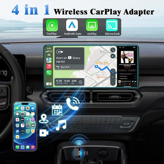 4-in-1 Wireless CarPlay Adapter for Apple CarPlay & Android Auto & AirPlay & MirrorLink, 2026 Upgraded Screen Mirroring Mini USB Adapter with Type-C Extension, Low Latency, Plug & Play